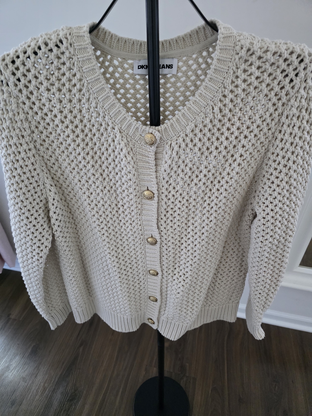 DKNY Cream Open-Knit Cardigan with Gold Buttons